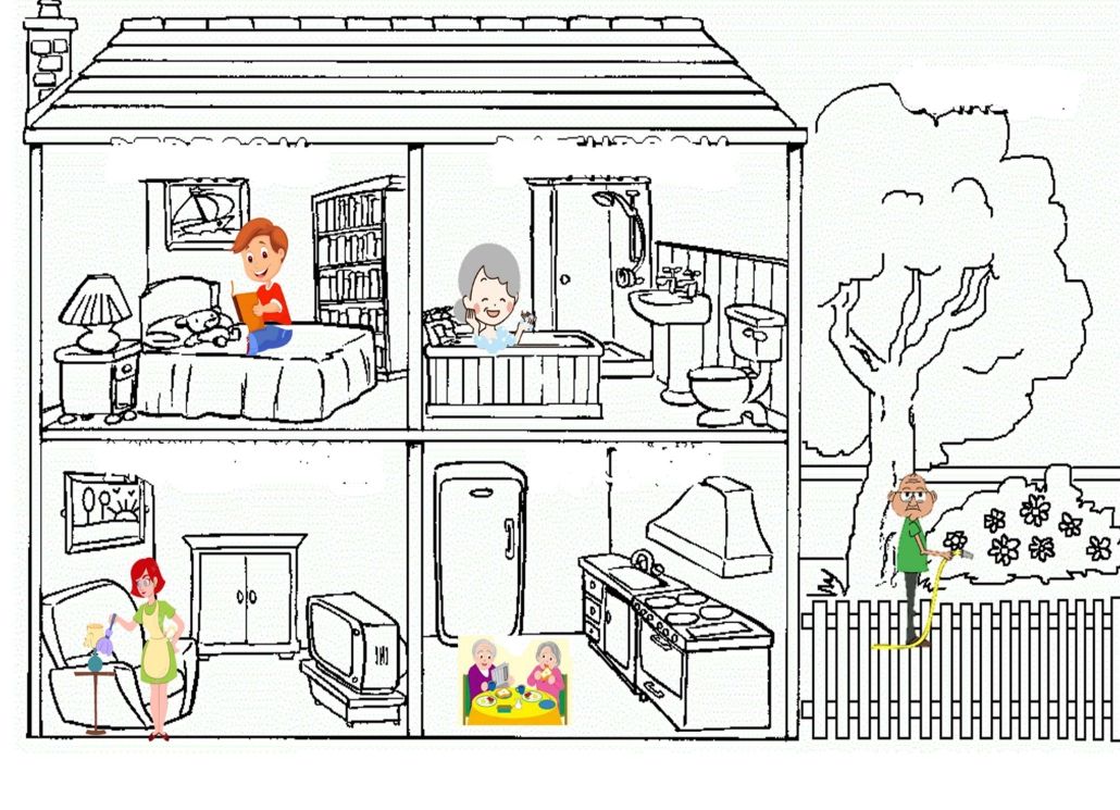 Fiche d'activité : maison en coupe avec grand-mère, grand-père et la famille dans chaque pièce